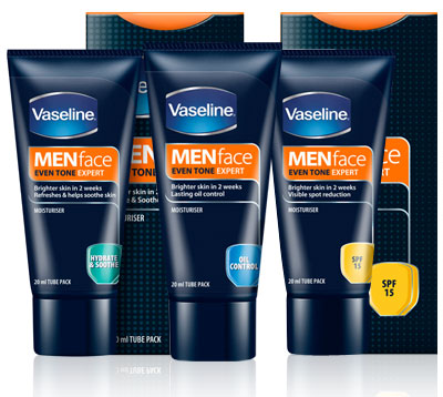 Vaseline Men's Even Tone Oil Control, Hydrate and Soothe and SPF15 lotions