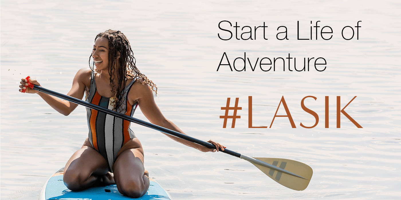 woman on a paddle board, posing for Lasik eye care