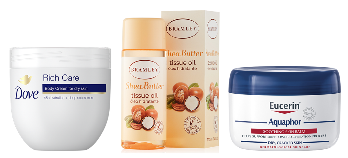 dove, bramley and eucerin skincare products for exfoliation