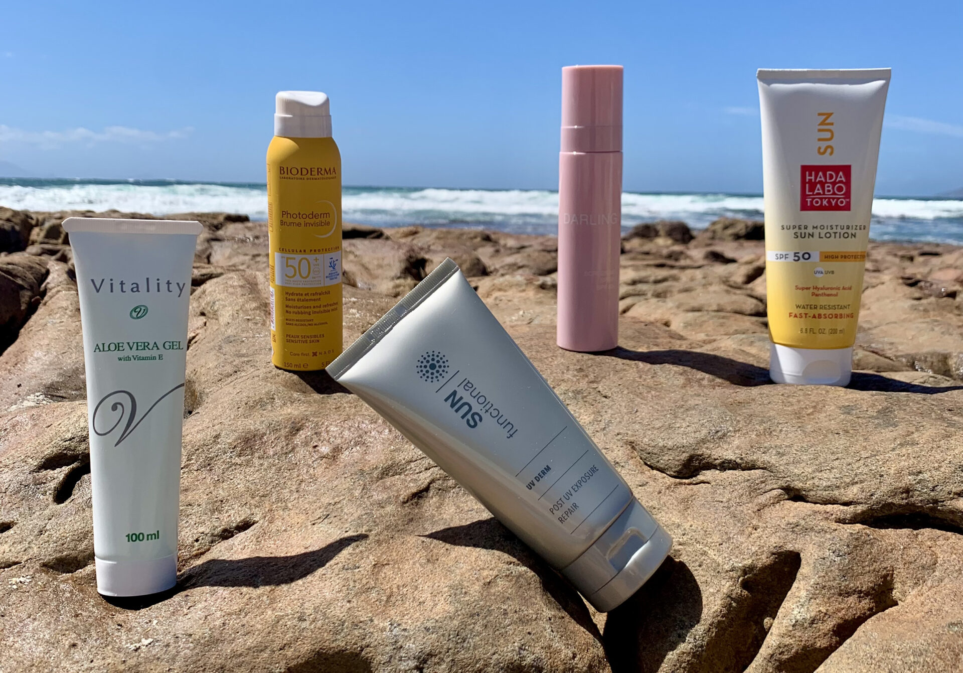 sunscreen products on the beach