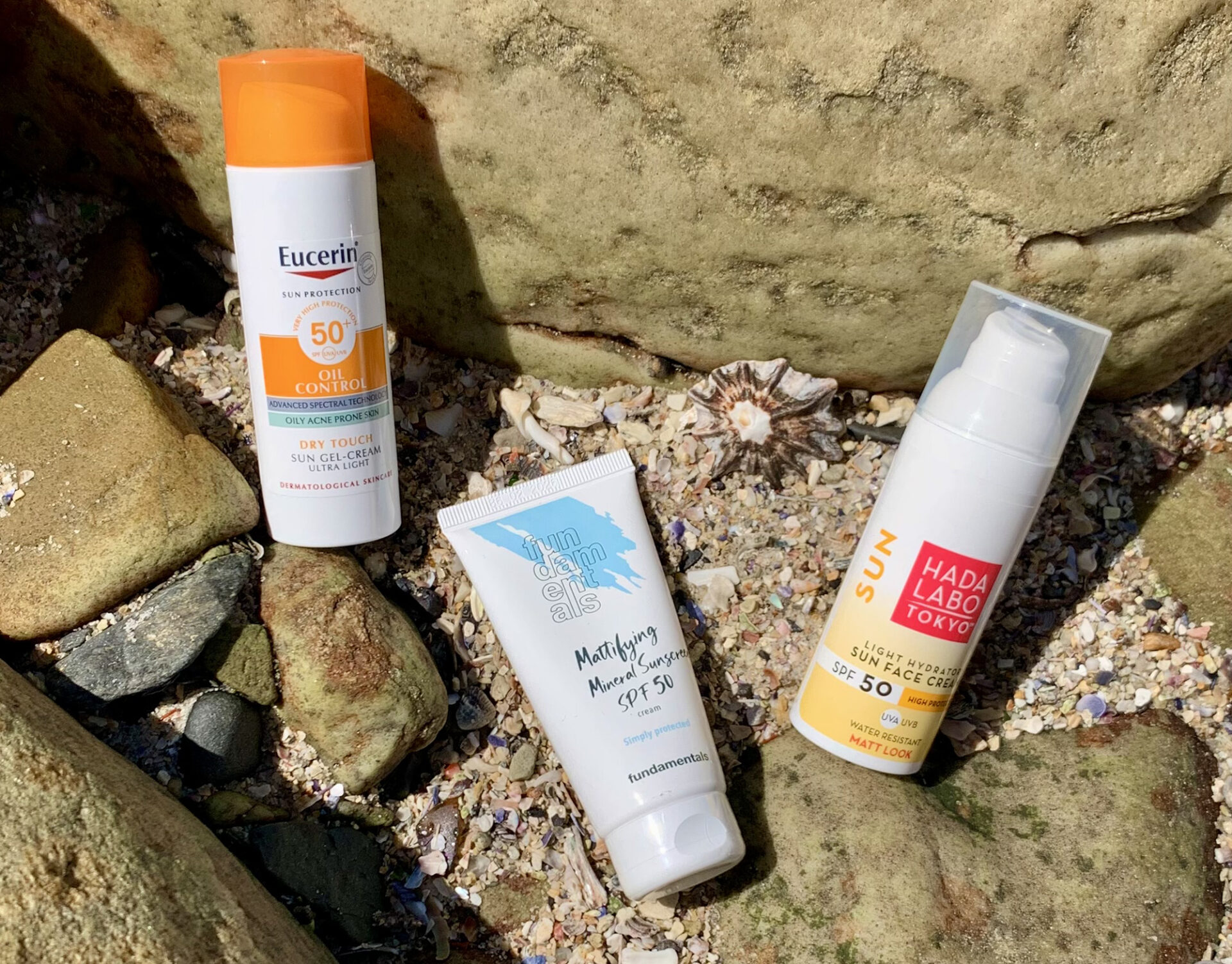 sunscreen products on the beach