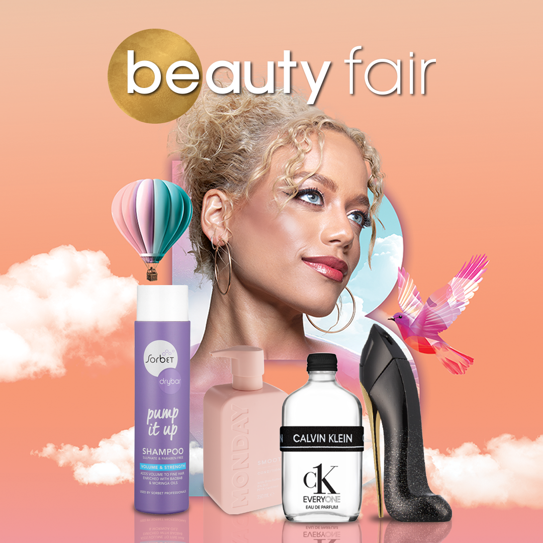 woman and various skincare products for Clicks Beauty Fair 