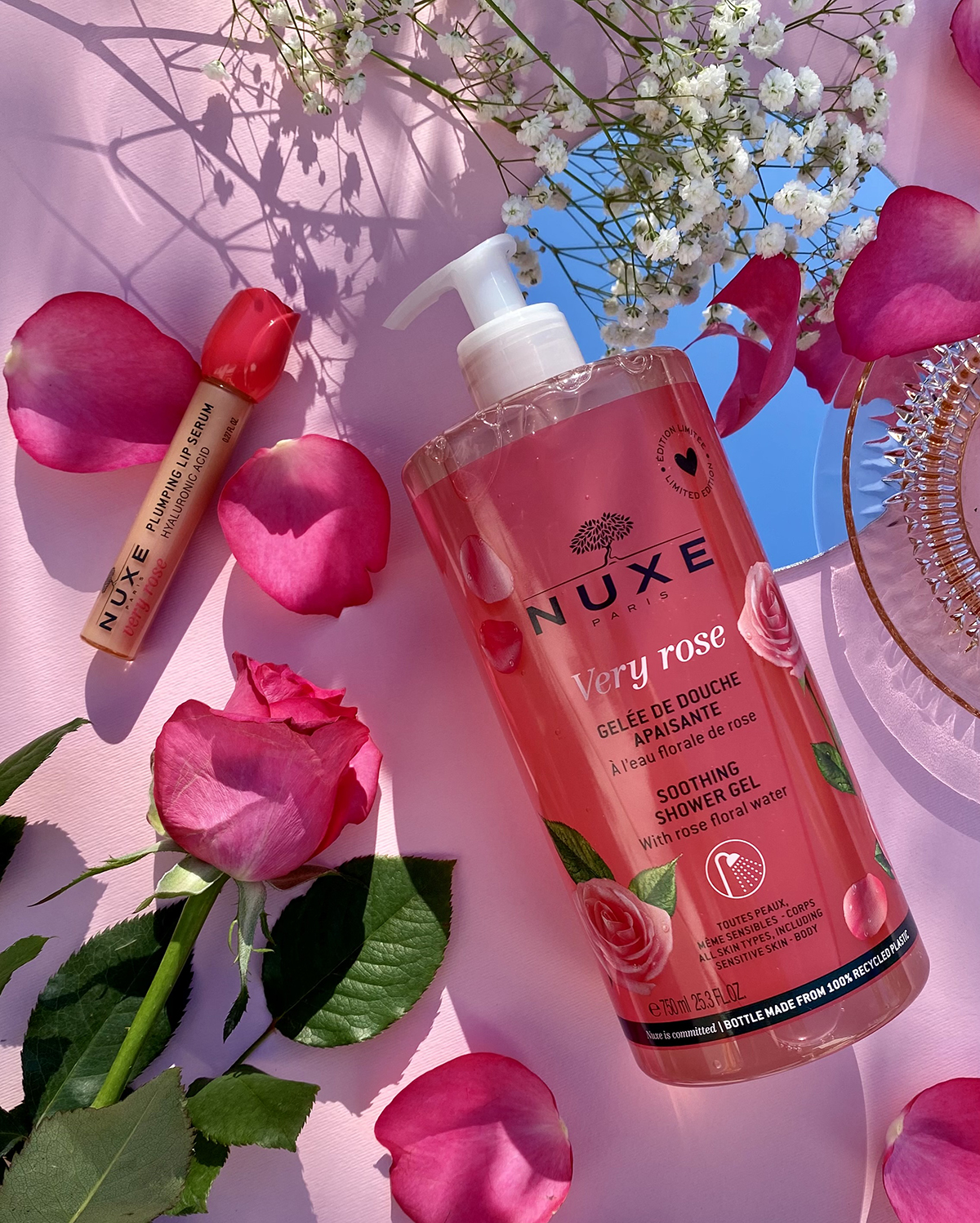 flowers, and nuxe paris very rose soothing shower gel