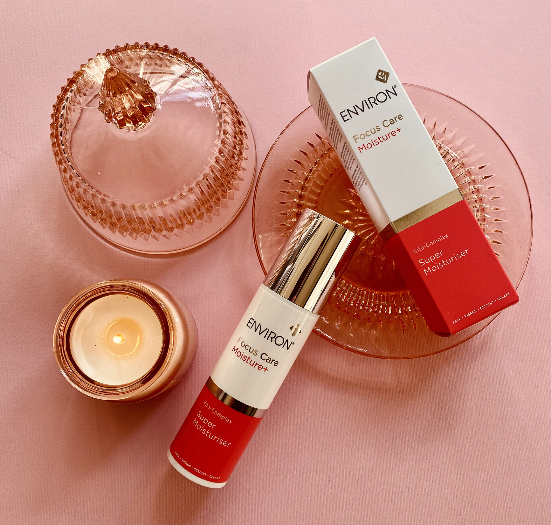 Environ Super Moisturisers products on pink background