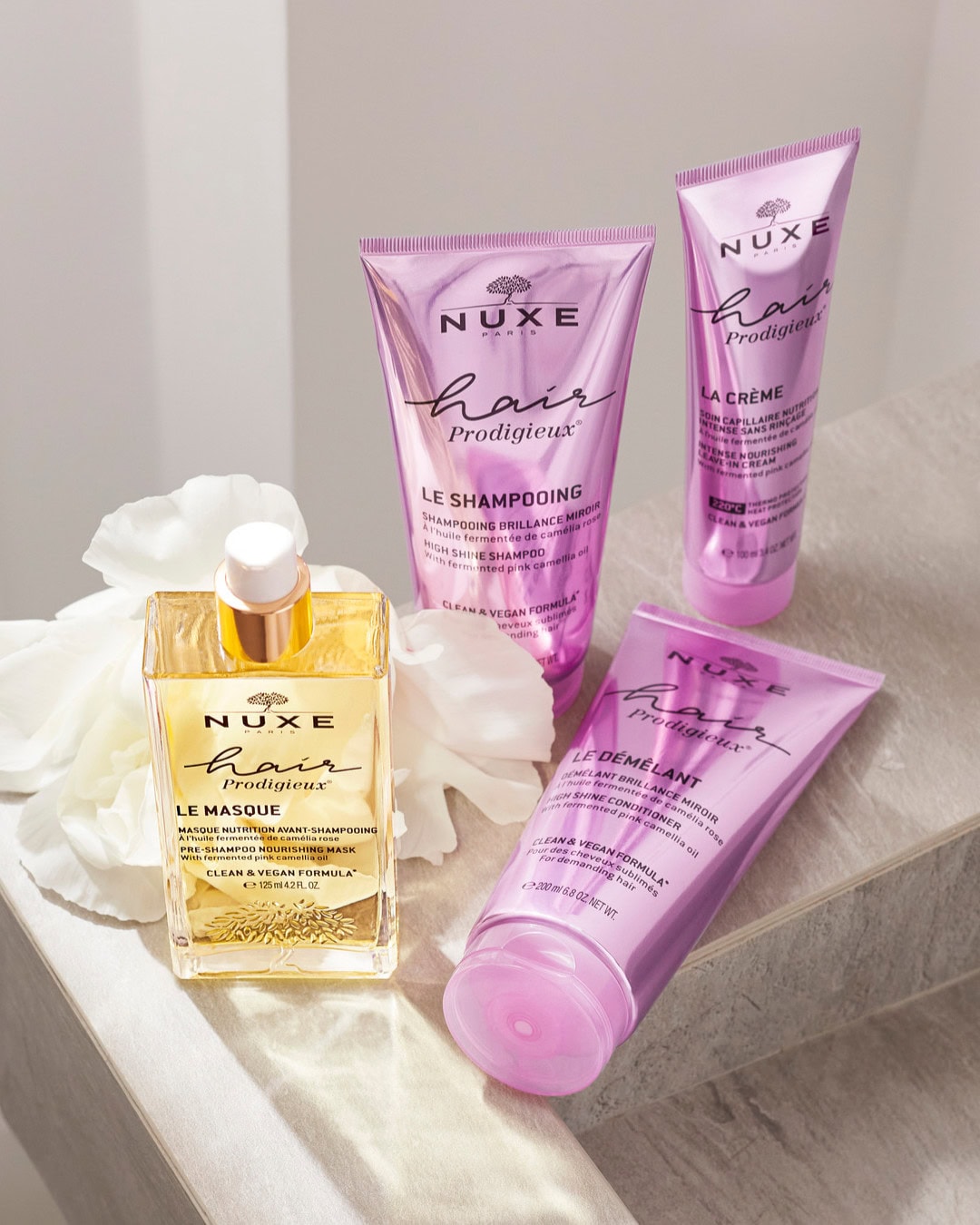 Nuxe Hair Prodigieux products on a countertop
