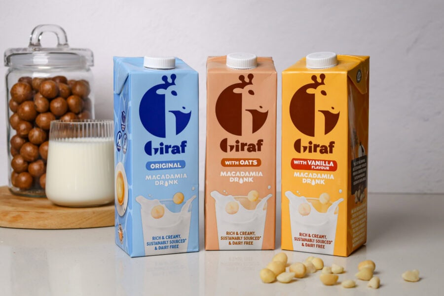 Three flavors of Giraf macadamia milk drinks