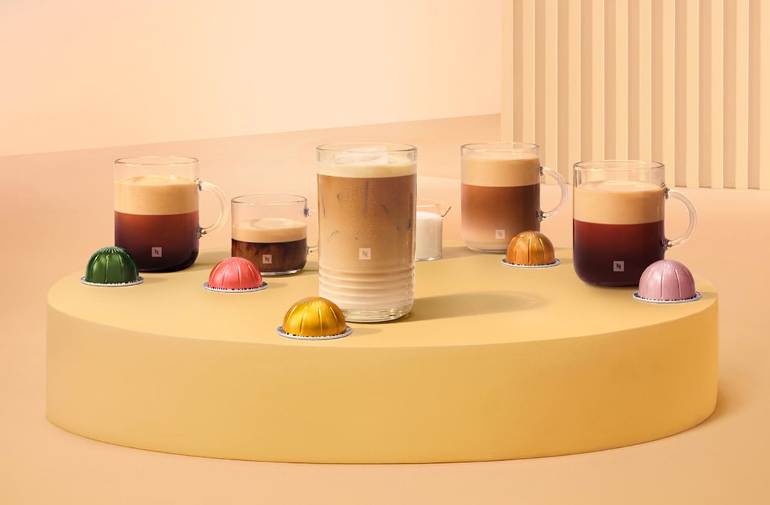 Nespresso Colorful coffee capsules and drinks display