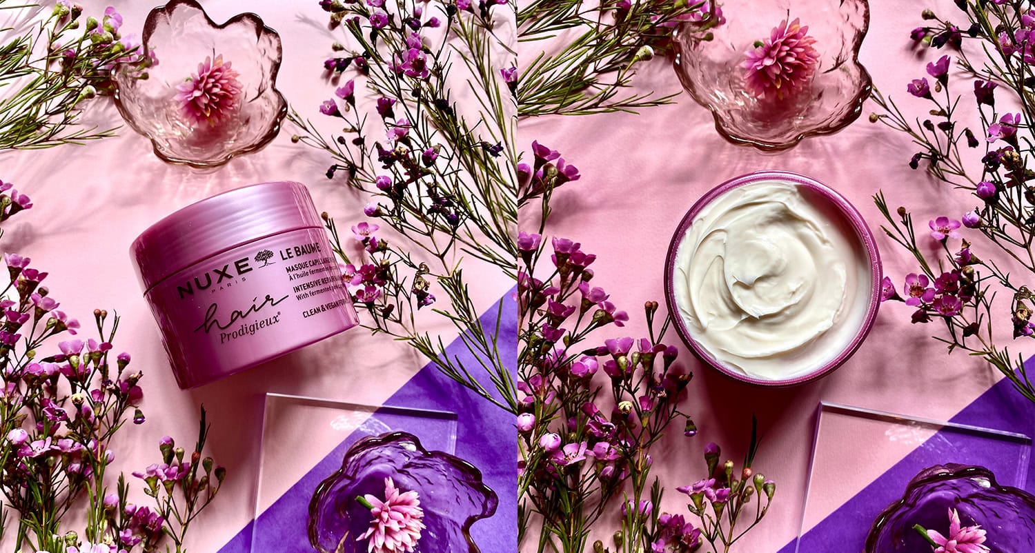 Nuxe Hair Prodigieux Hair cream surrounded by flowers