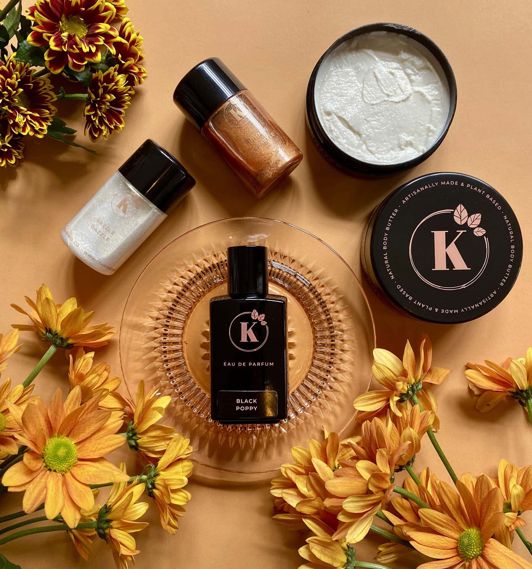 Bonnie Bio Beauty products surrounded by flowers.