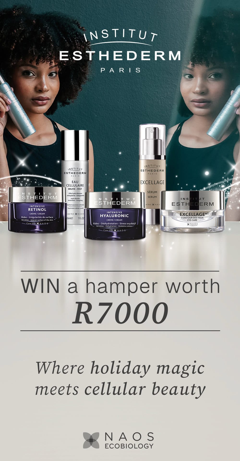 Institut Esthederm Skincare products with sparkling effects.