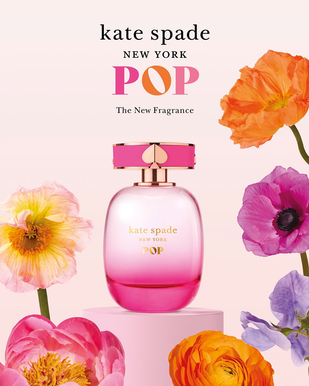 Kate Spade New York Pop perfume surrounded by flowers