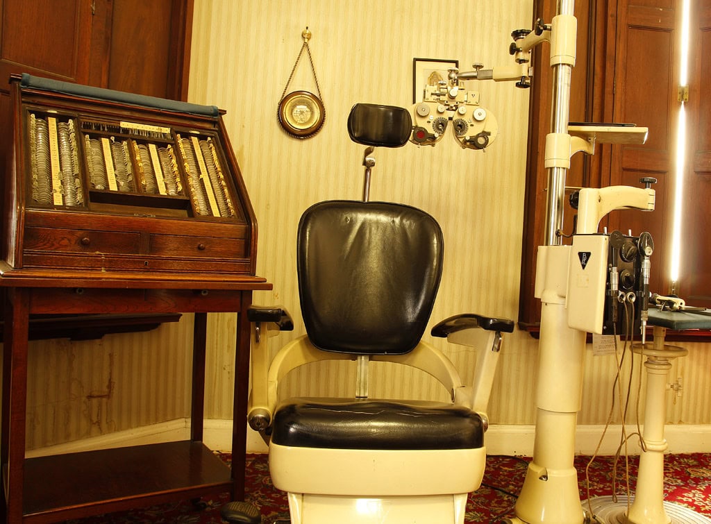 Optometrist chair and gear at the Mullers museum